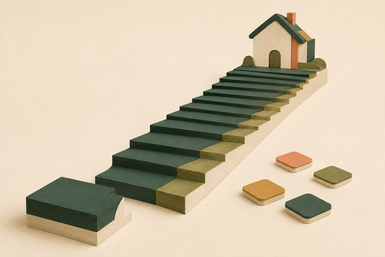 Tactile editorial scene of a layered house reached by a mortgage staircase whose principal and interest layers rebalance over time