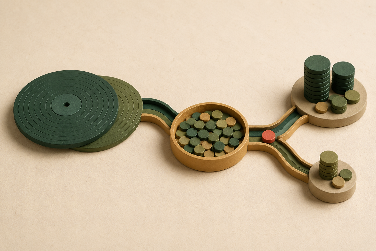 Tactile editorial scene of music discs feeding a royalty pool that divides into unequal rights-holder stacks