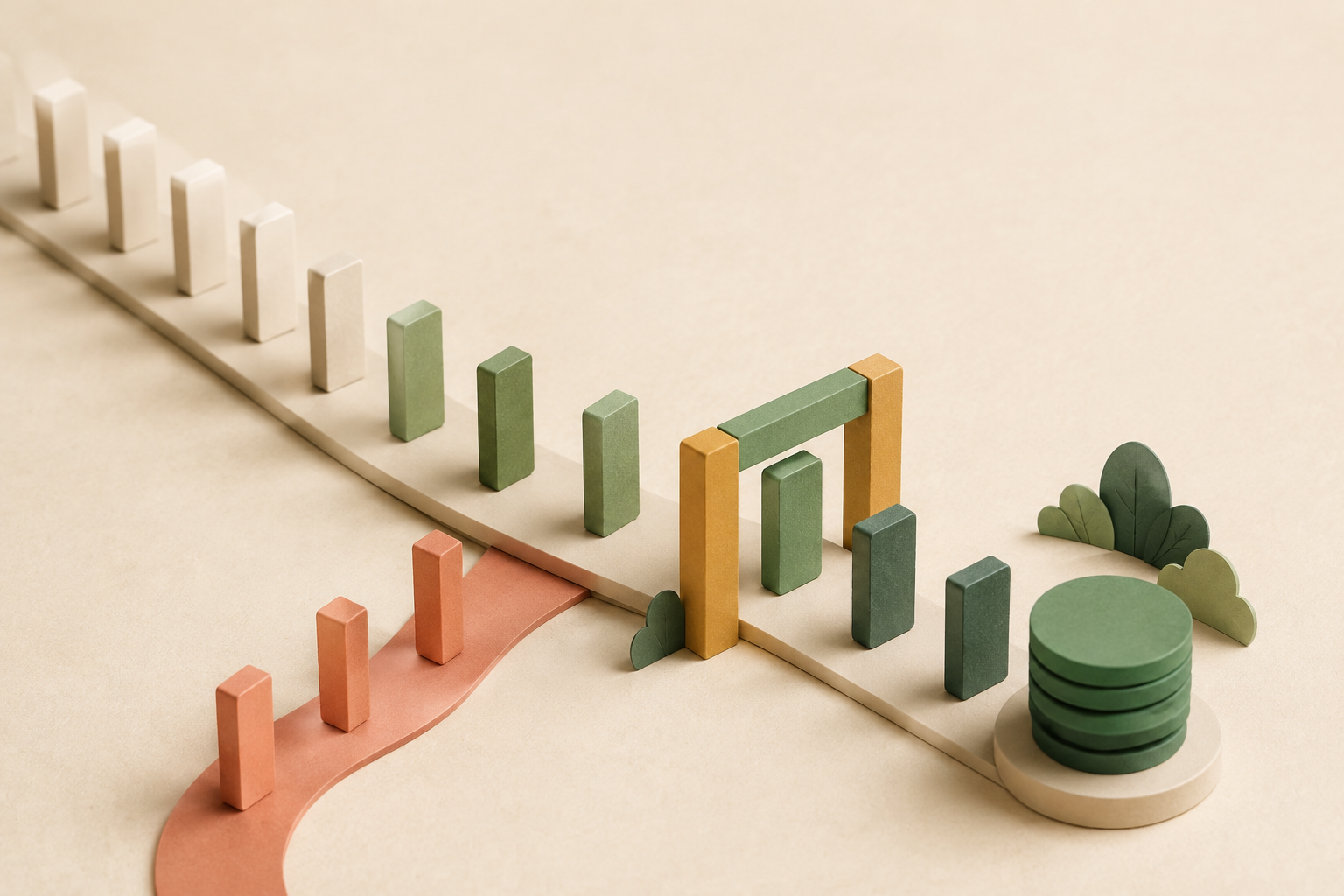 Tactile editorial scene of short-video tiles passing a qualification gate toward reward discs