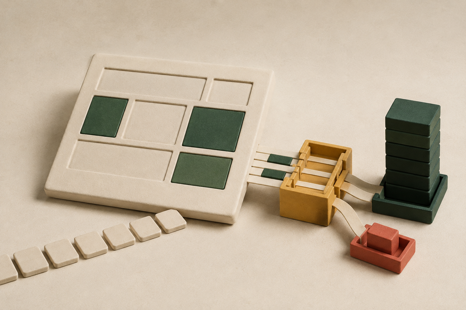 Tactile editorial scene of page inventory, filled ad slots and publisher revenue sharing