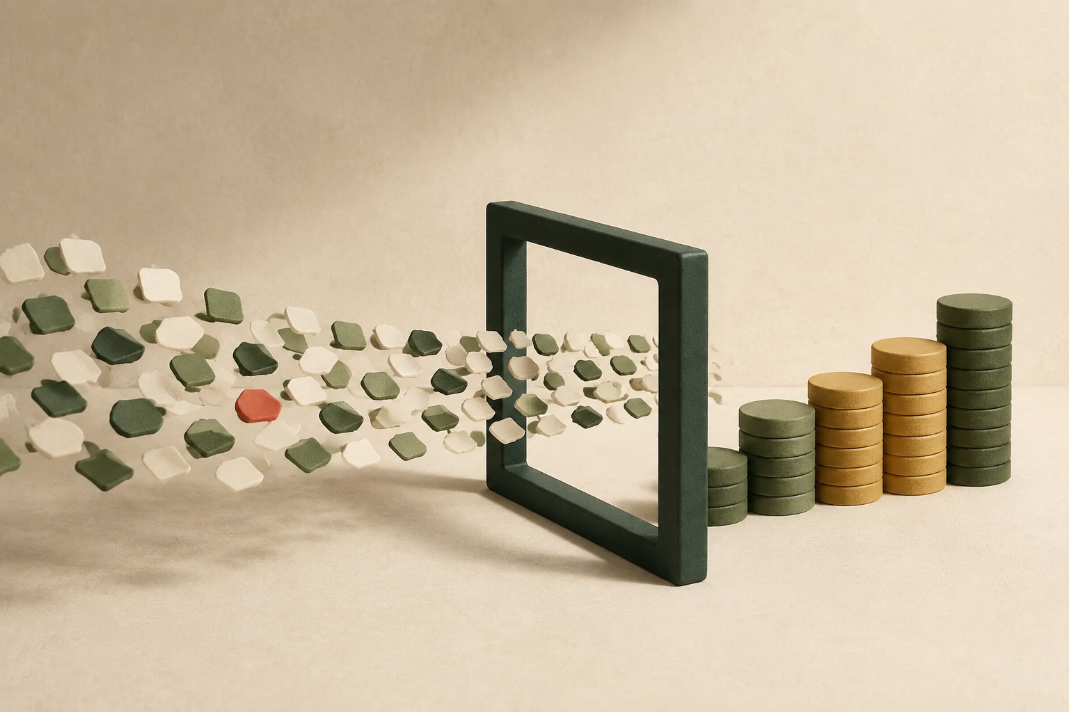 Tactile editorial scene of view tiles passing through a frame and becoming measured revenue stacks